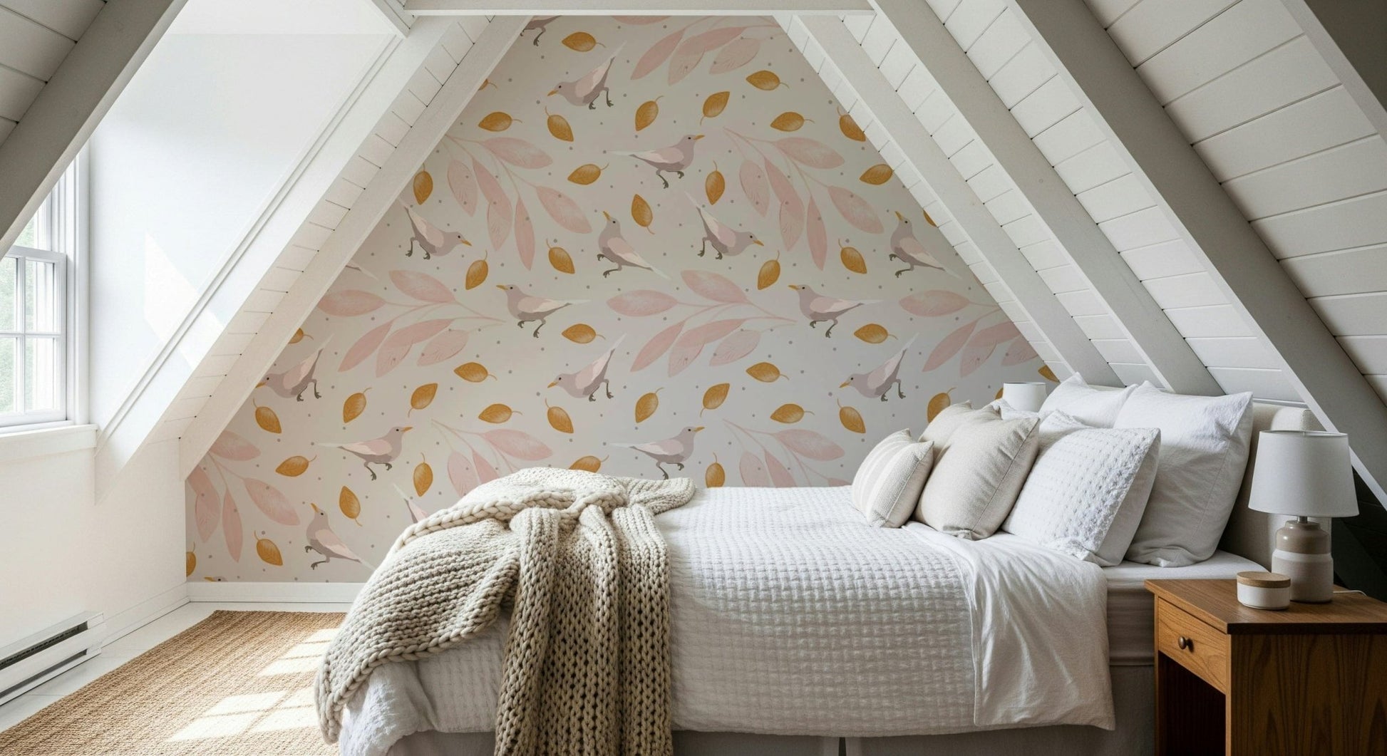 A whimsical wallpaper featuring light pink leaves and tiny birds in a soft, nature-inspired layout.