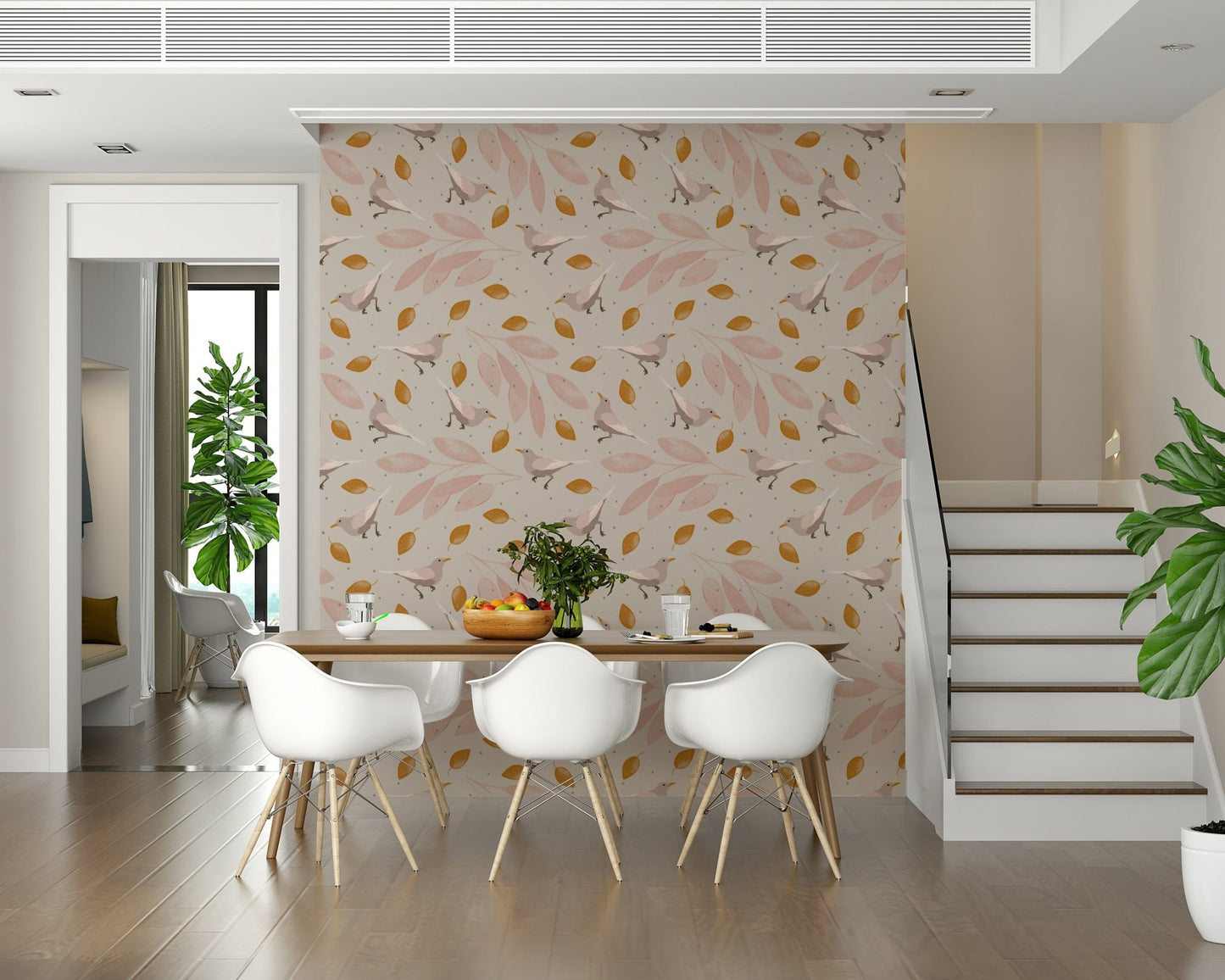 A calming birds and leaves wallpaper showcasing subtle hand-drawn branches and tiny decorative leaves.