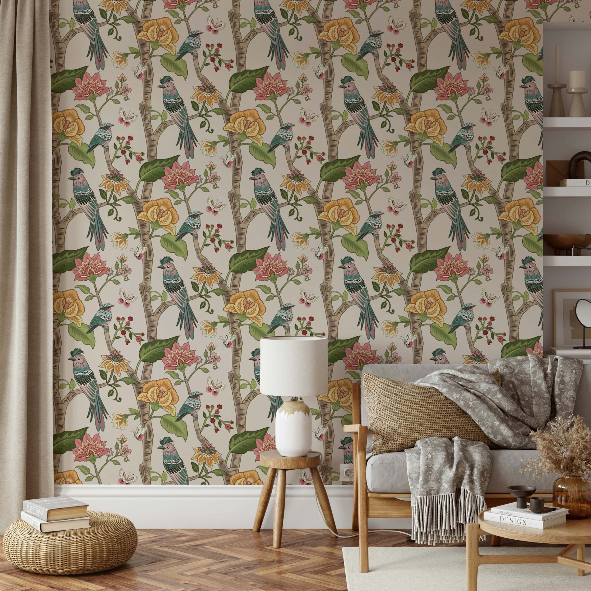 Birdsong Blooms wallpaper with hand-drawn birds surrounded by vibrant botanical florals.