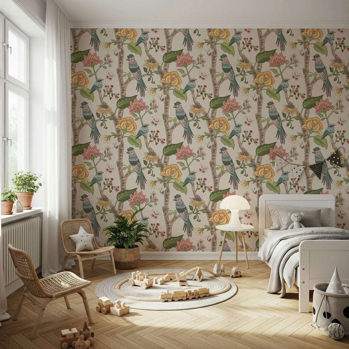 Floral wallpaper mural showcasing detailed birds, blooming flowers, and leafy branches on a light background.