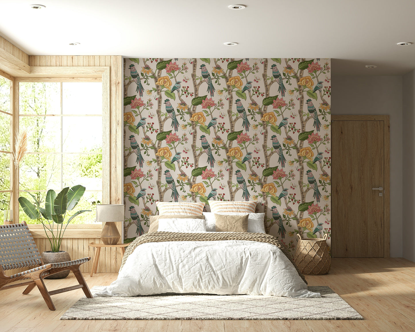 Birdsong Blooms wallpaper featuring colorful birds perched among yellow roses and pink blossoms.