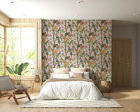 Birdsong Blooms wallpaper featuring colorful birds perched among yellow roses and pink blossoms.