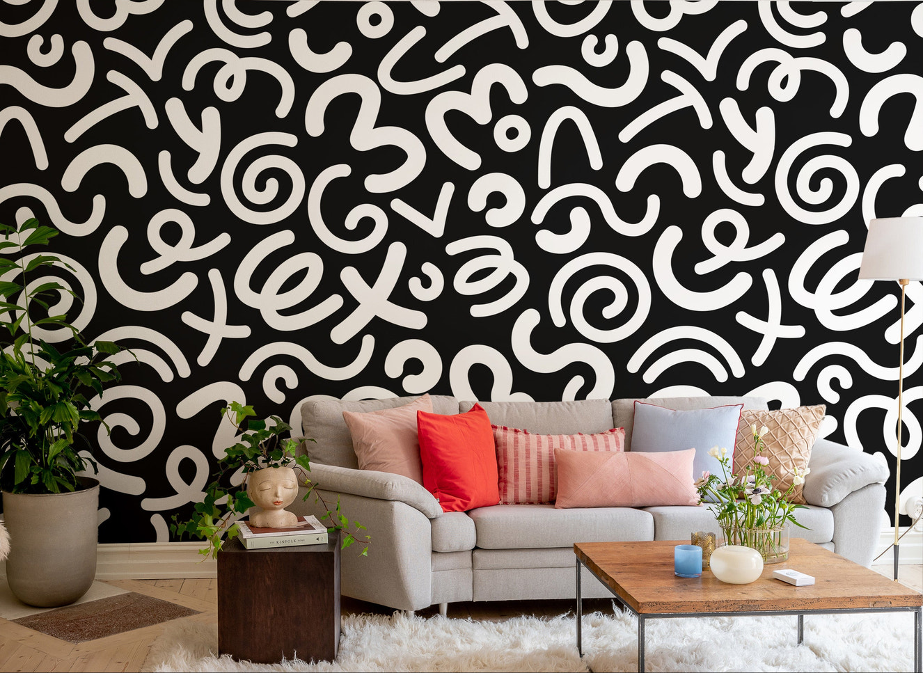 Black and white doodle squiggle abstract wallpaper close-up