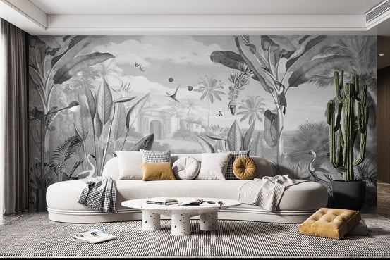 Black and White Forest Mansion wallpaper behind a cream curved sofa with a tall green cactus in a living room