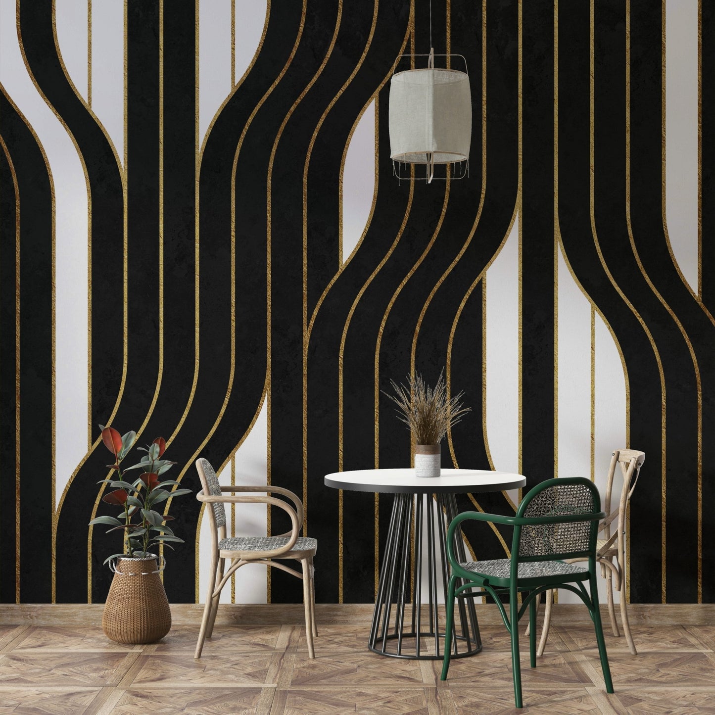 Clean, elegant black and white line mural for feature walls

