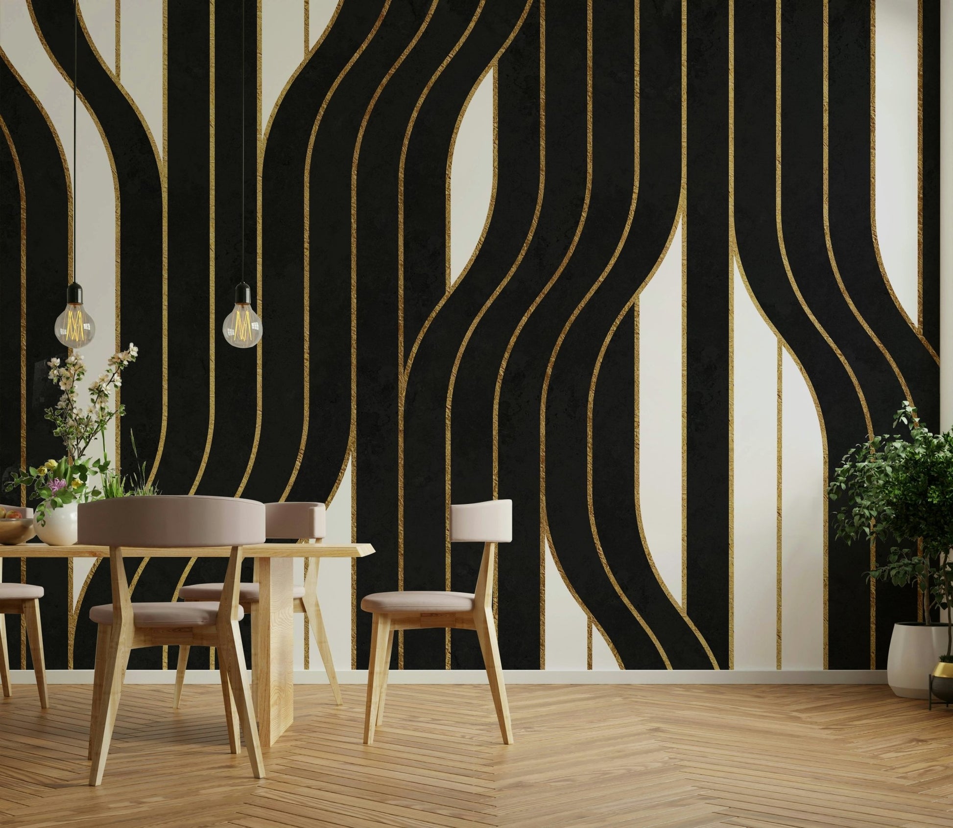 Luxury black and white lines mural creating a modern atmosphere

