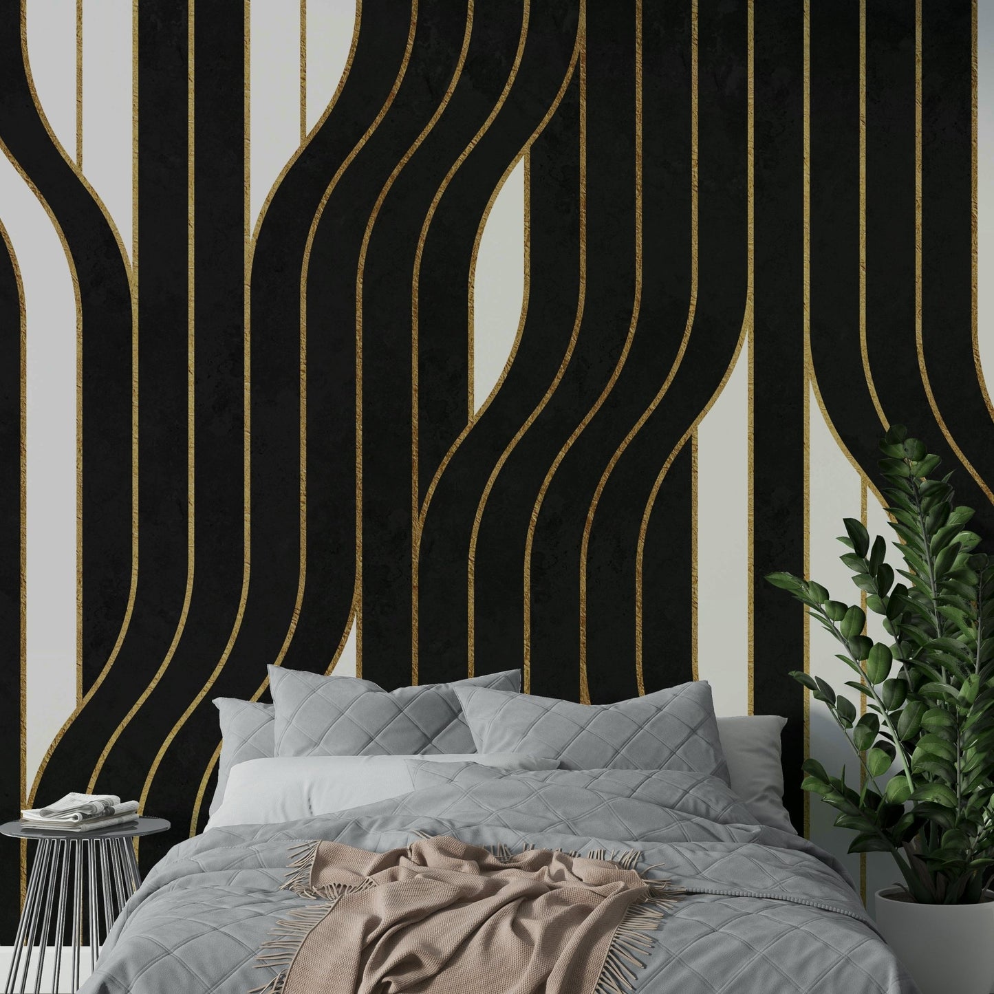 Sleek black and white mural design for a contemporary room

