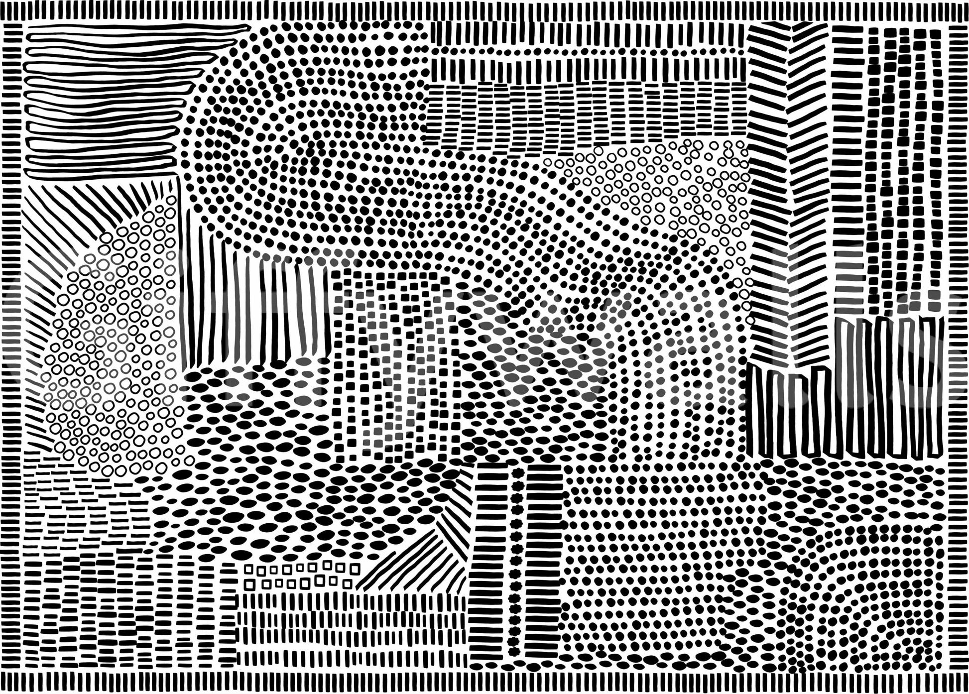 Black And White Maze wallpaper mural close-up showing the dotted and dashed patchwork pattern detail