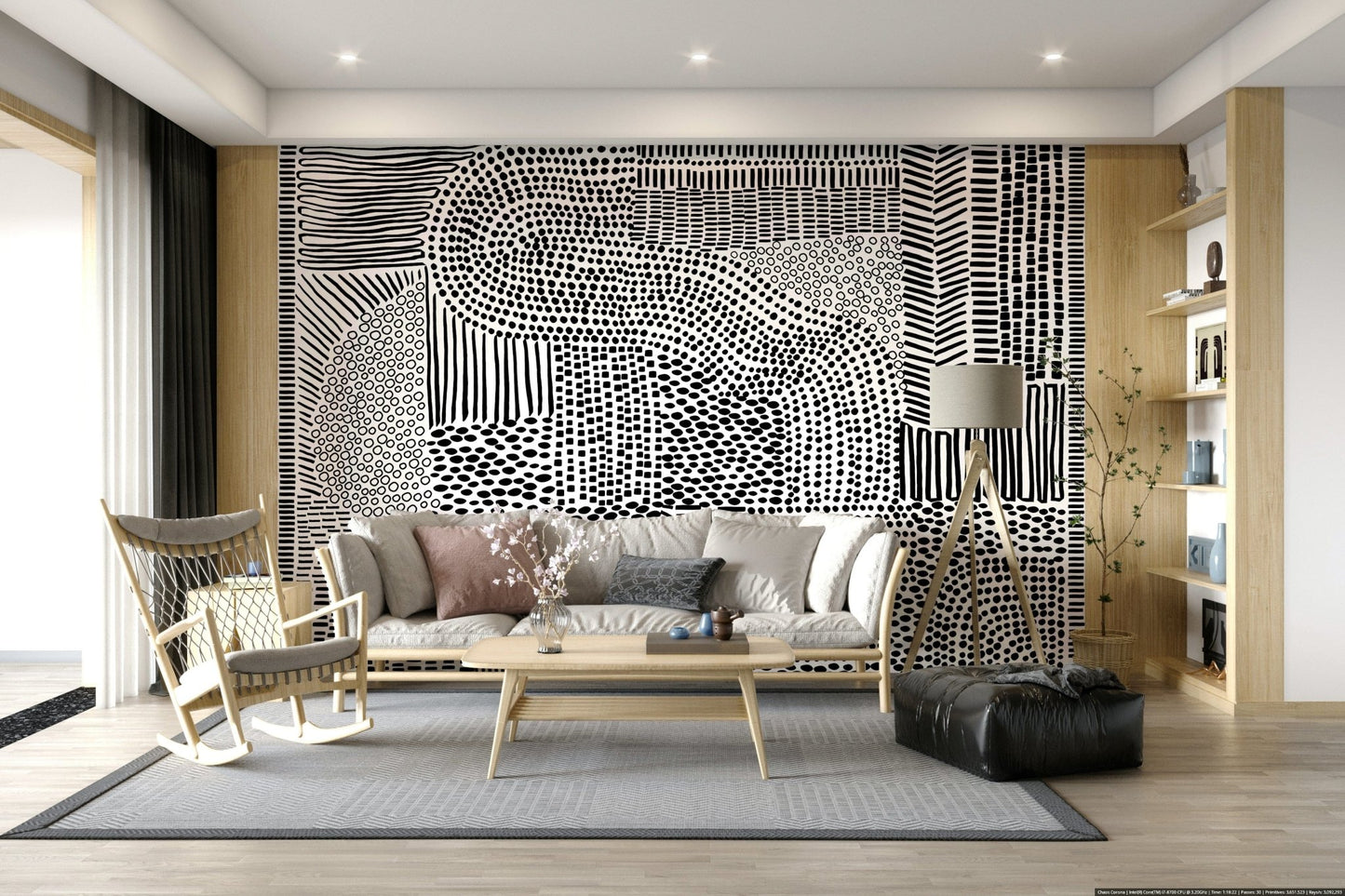 Black And White Maze wallpaper mural behind a white sofa and wood rocking chair in a living room