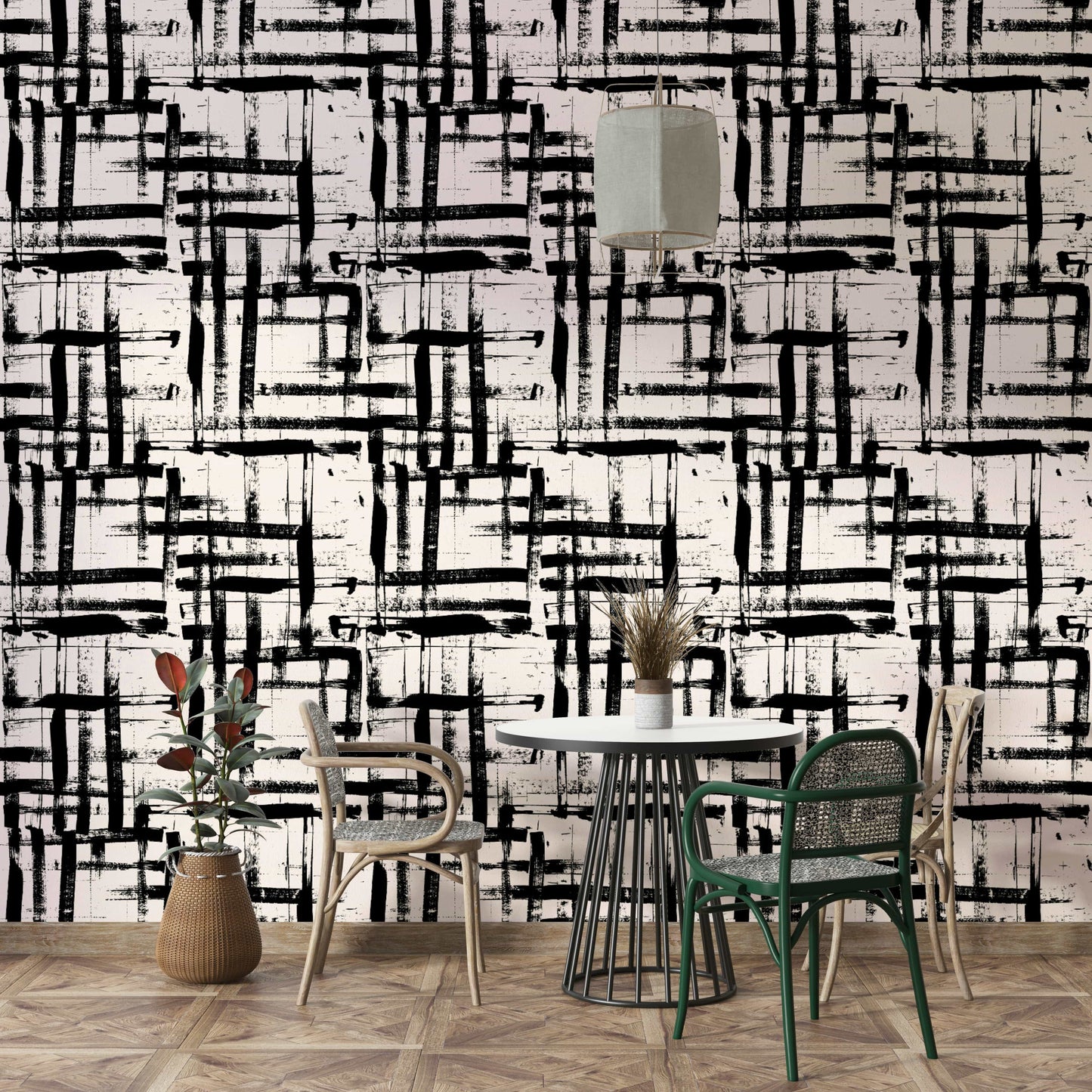 An angled shot of a wall with a painted wallpaper

