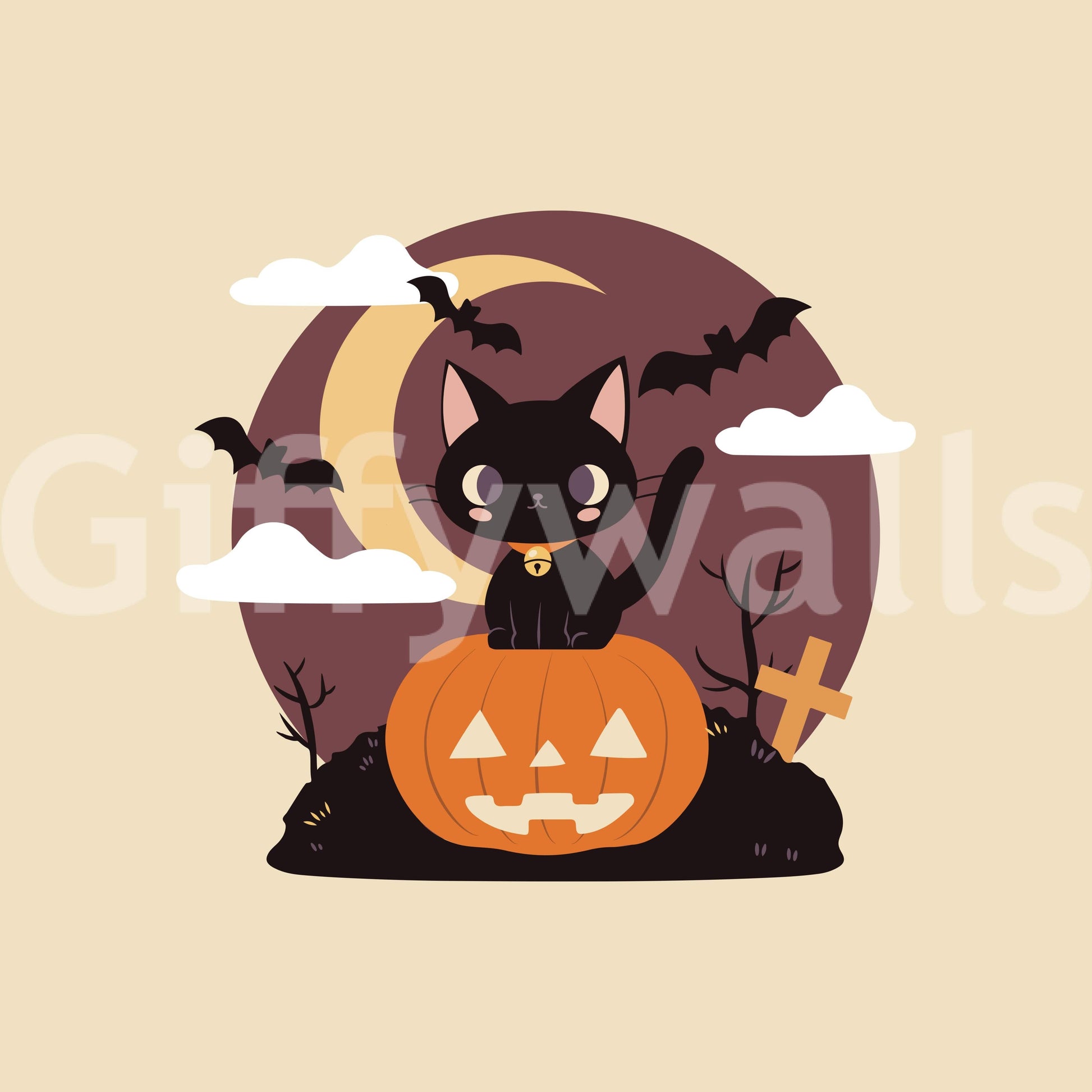 Spooky Black Cat on a Pumpkin bat wall mural