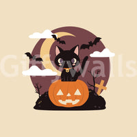 Spooky Black Cat on a Pumpkin bat wall mural