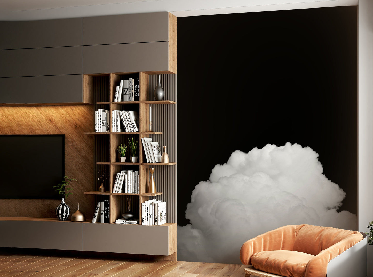 A peaceful moody sky mural on decorative wallpaper.


