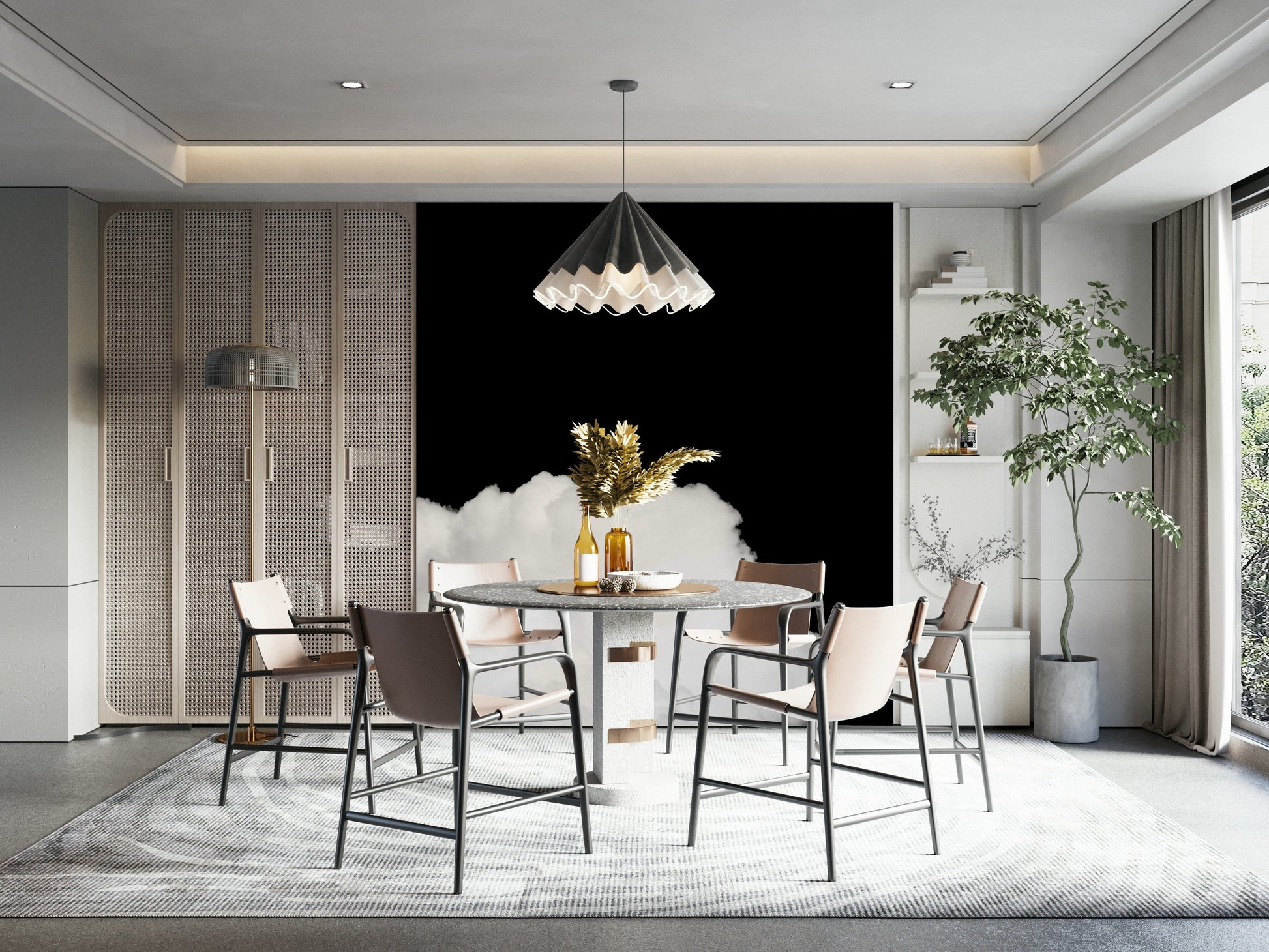 An artistic dramatic cloud mural on minimalist wallpaper.

