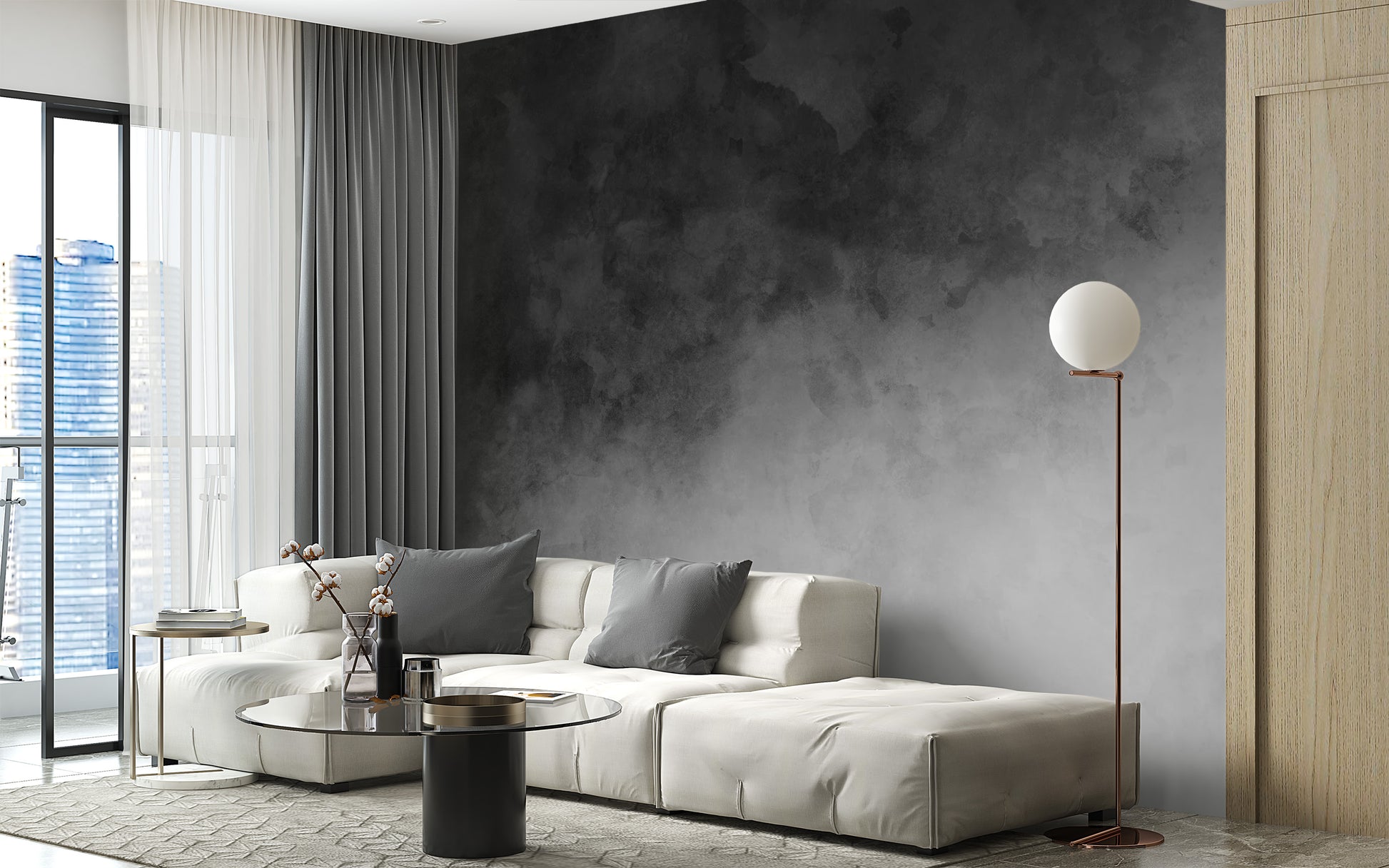 Black & Gray Watercolor Gradient wallpaper mural styled along a hallway feature wall near a console in black tones