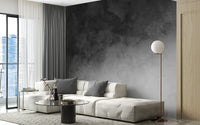 Black & Gray Watercolor Gradient wallpaper mural styled along a hallway feature wall near a console in black tones