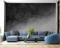 Black & Gray Watercolor Gradient wallpaper mural as a feature wall in a home office workspace in black tones