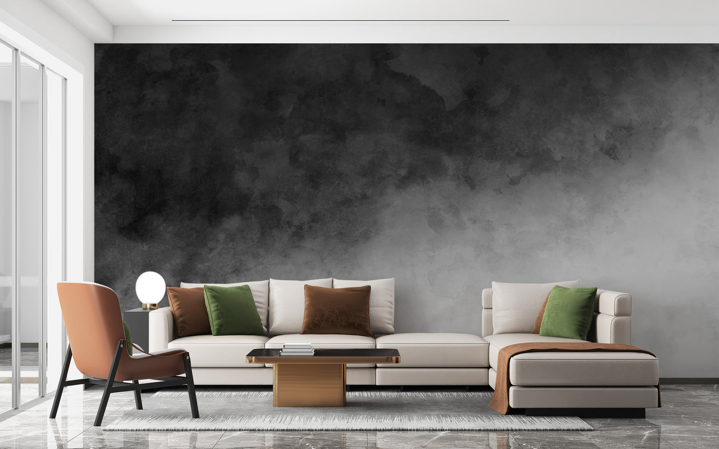 Black & Gray Watercolor Gradient wallpaper mural styled as a feature wall behind a dining table and chairs in black tones
