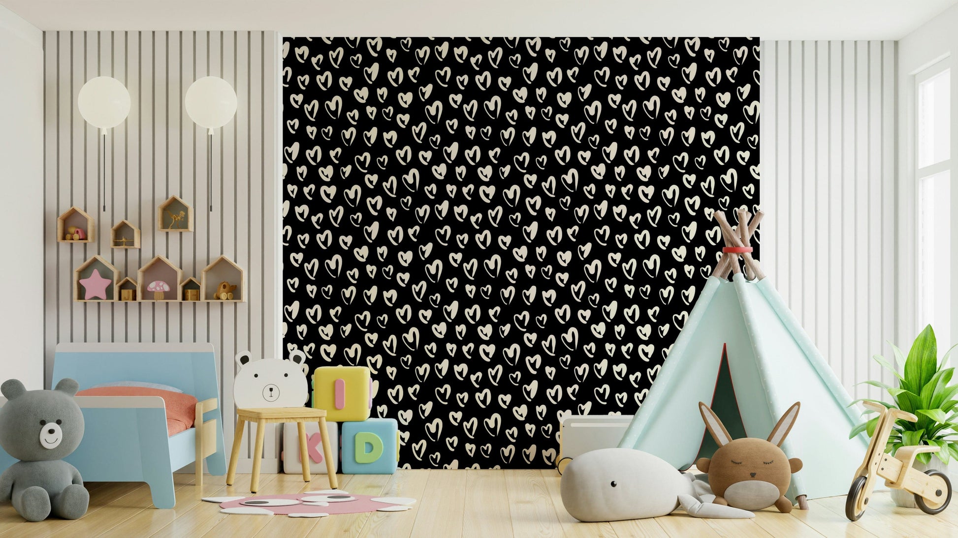 Cute monochrome heart pattern wallpaper for kids rooms
