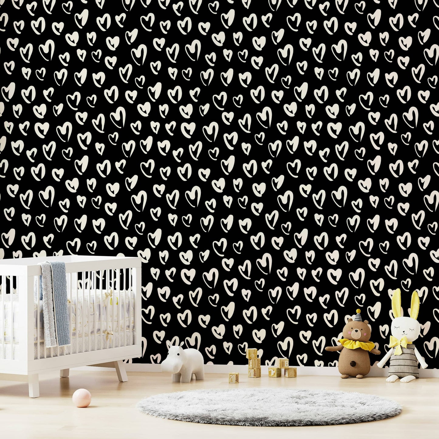 Chic nursery wall decor with fluffy heart wallpaper
