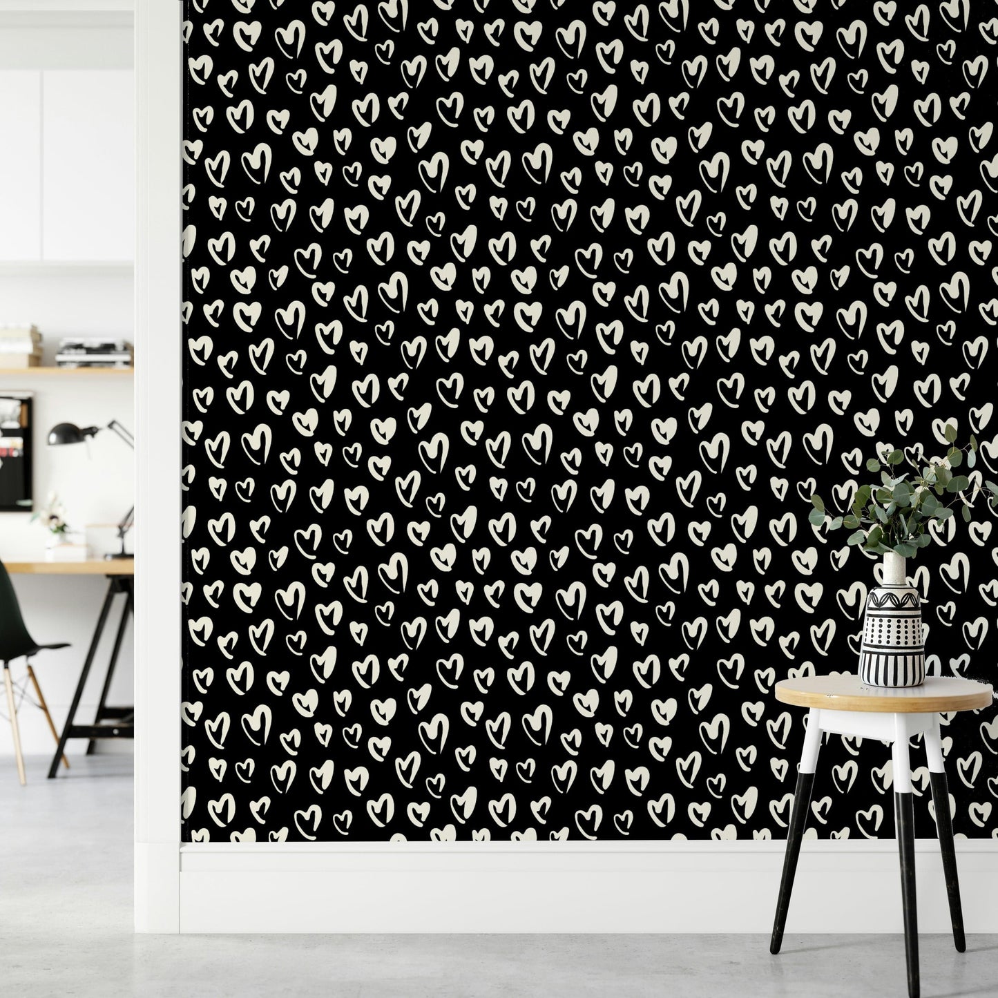 Playful black and white sketch style heart wallpaper
