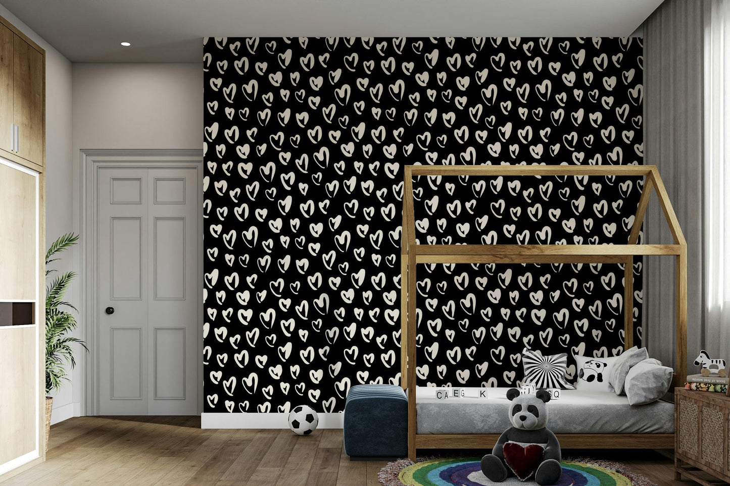 Cozy bedroom feature wall using dark heart wallpaper
