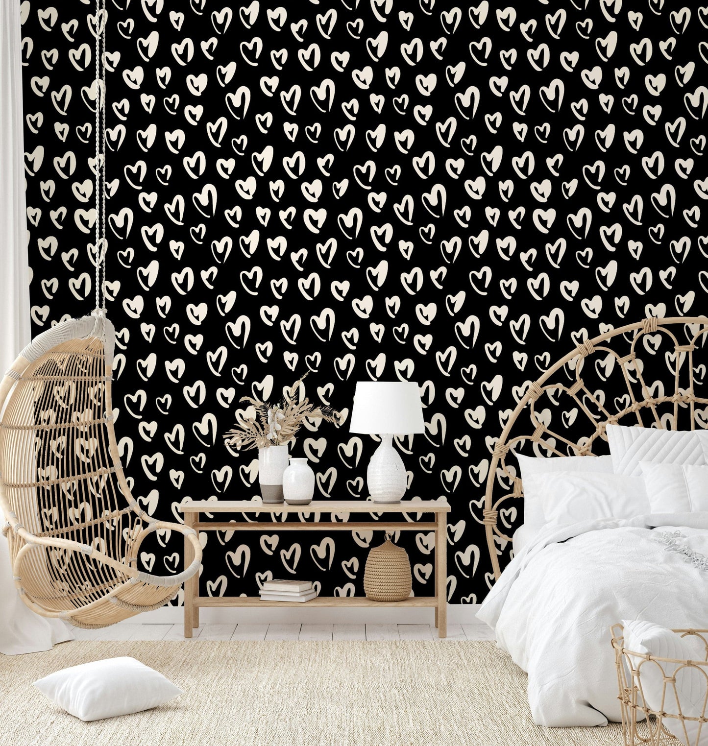 Hand drawn white hearts on black background wallpaper
