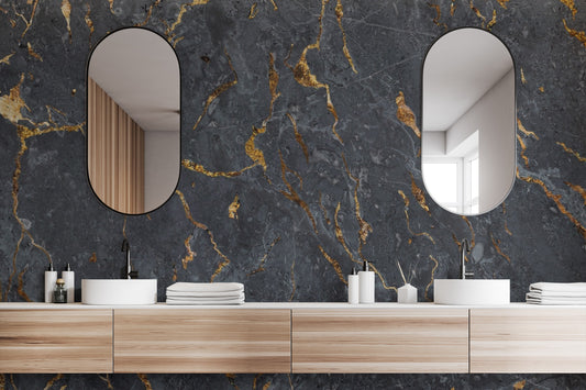 Black marble wallpaper mural on a modern bathroom feature wall.