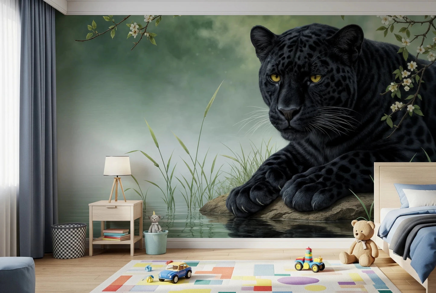Black Panther Calm Wall Mural with delicate white blossoms and greenery