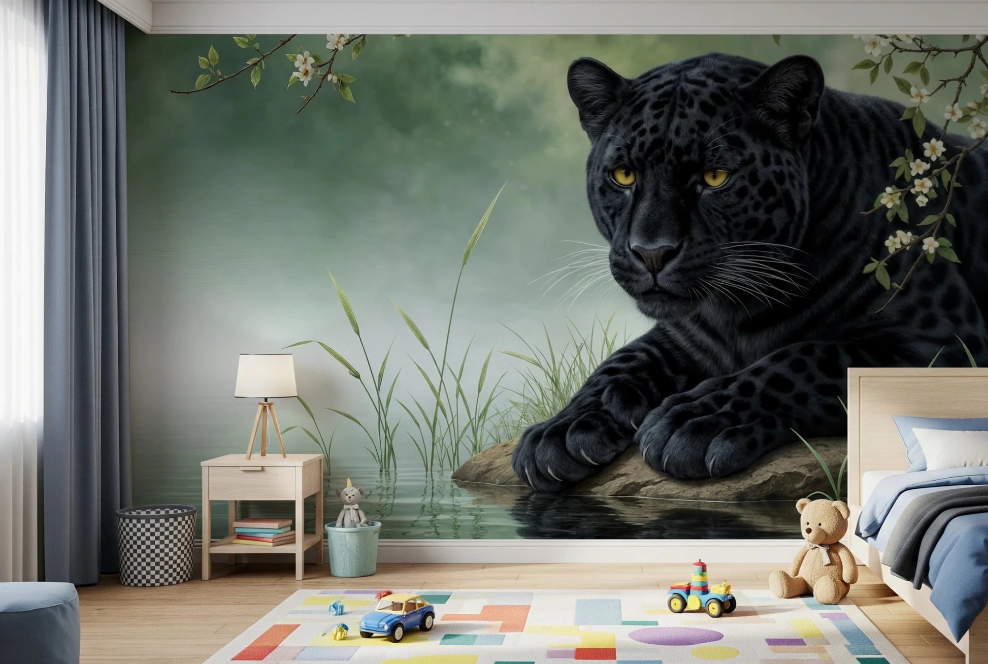 Black Panther Calm Wall Mural with delicate white blossoms and greenery