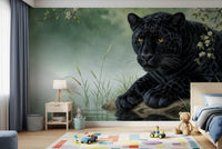 Black Panther Calm Wall Mural with delicate white blossoms and greenery
