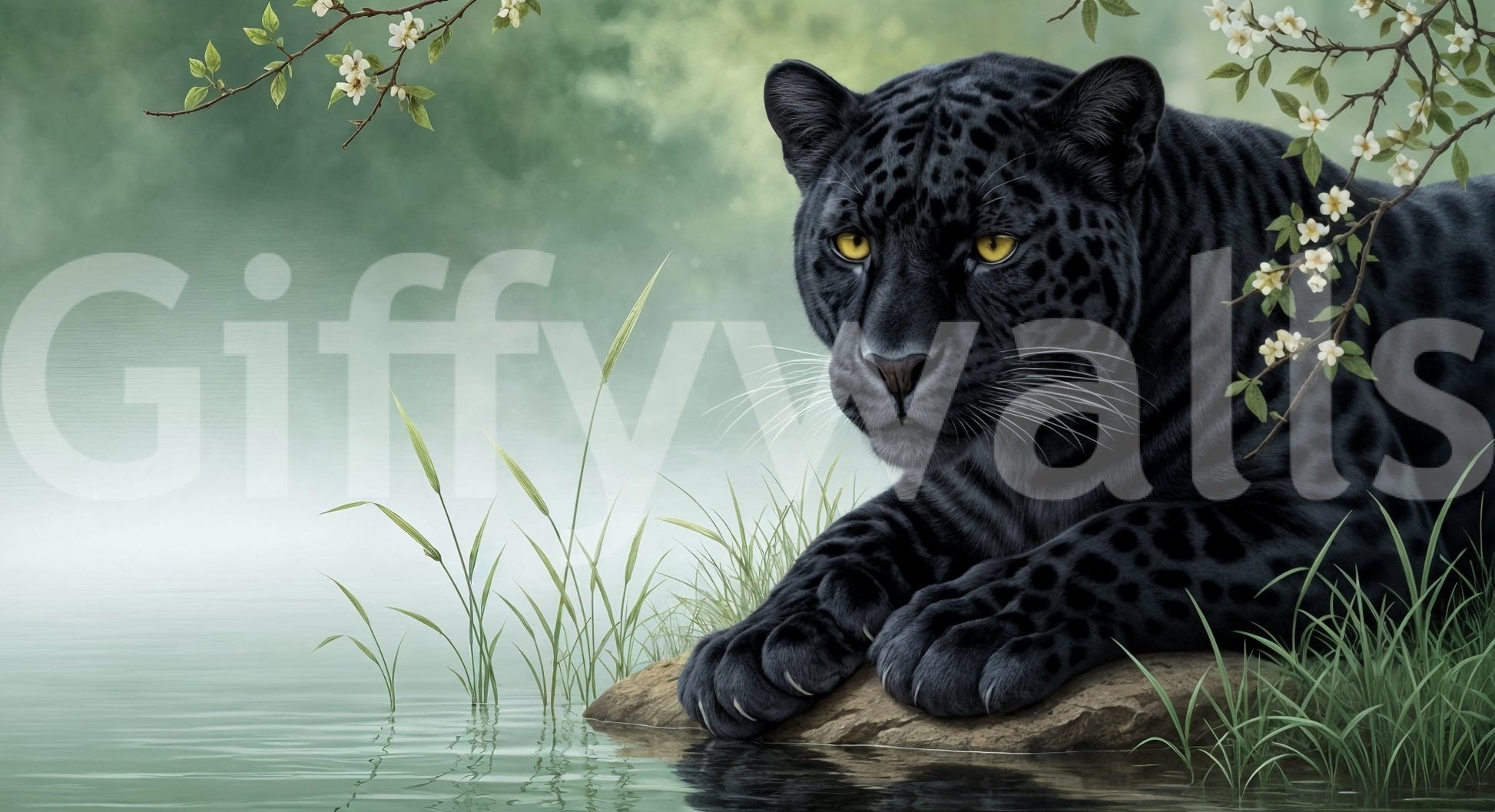 Black Panther Calm Wall Mural with moody forest fog and floral details