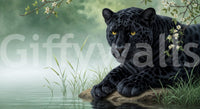 Black Panther Calm Wall Mural with moody forest fog and floral details