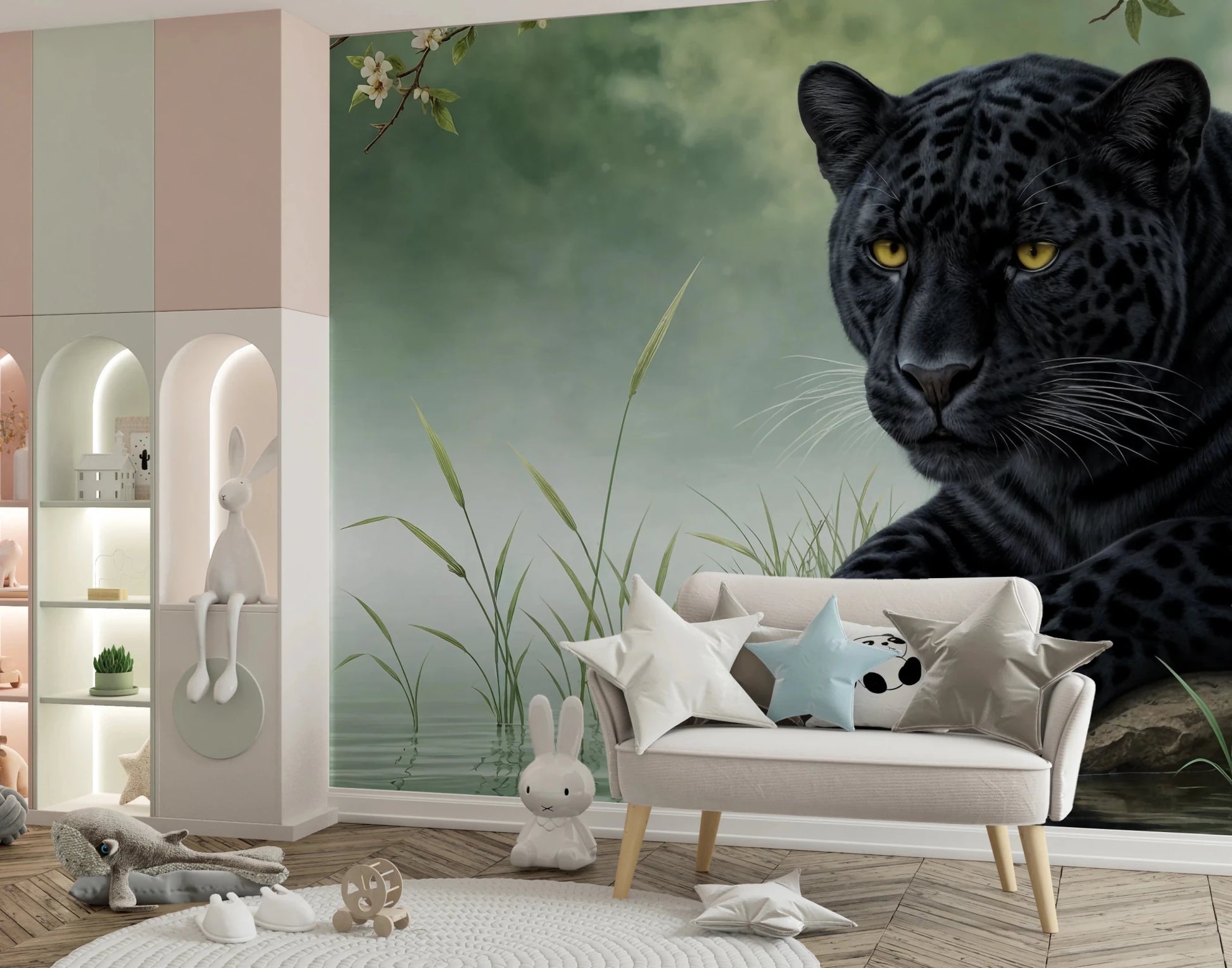 Black Panther Calm Wall Mural showcasing detailed fur and whiskers
