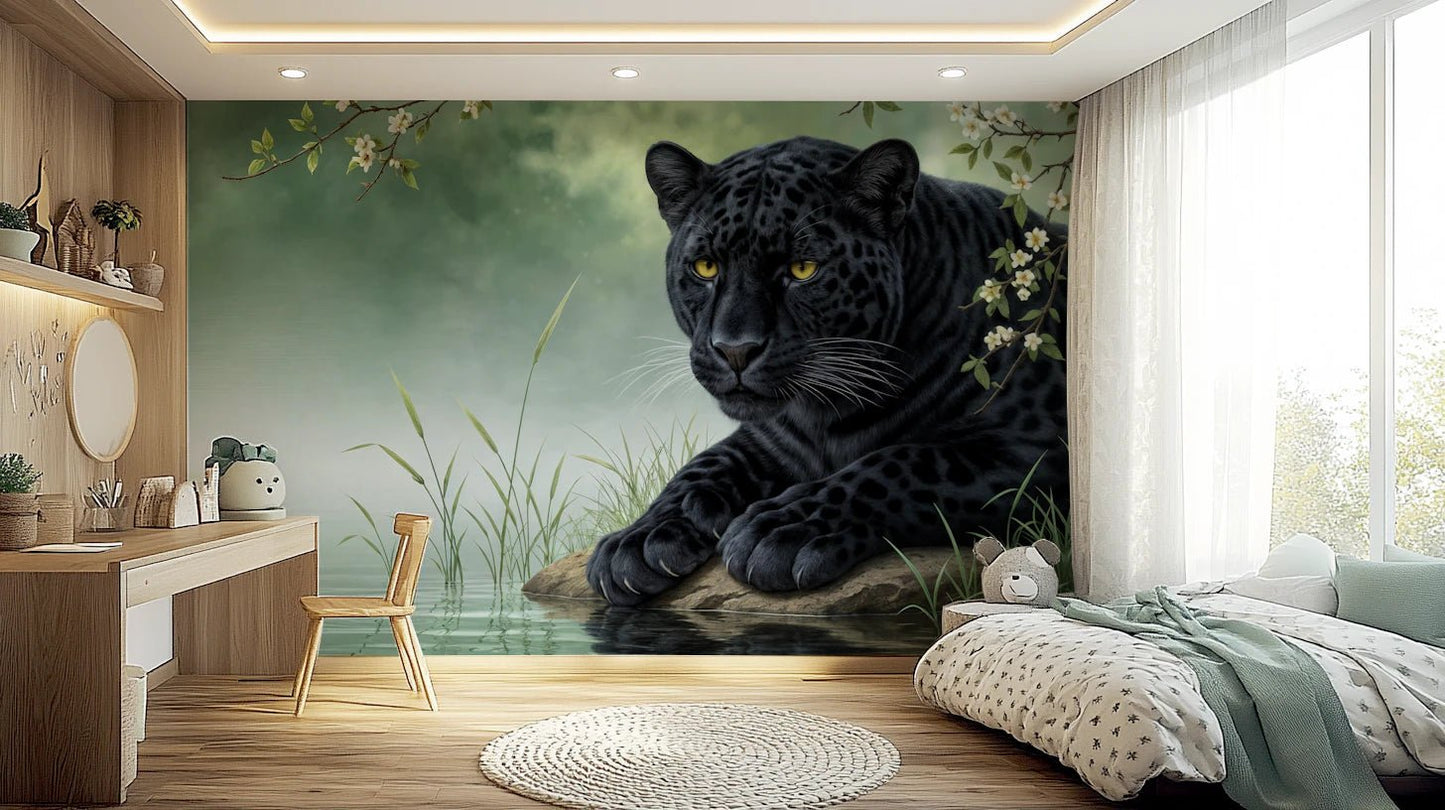 Powerful black feline lounging on a rock in Black Panther Calm Wall Mural for a bedroom.