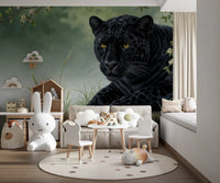 Black Panther Calm Wall Mural for kids room featuring a leopard resting by a lake
