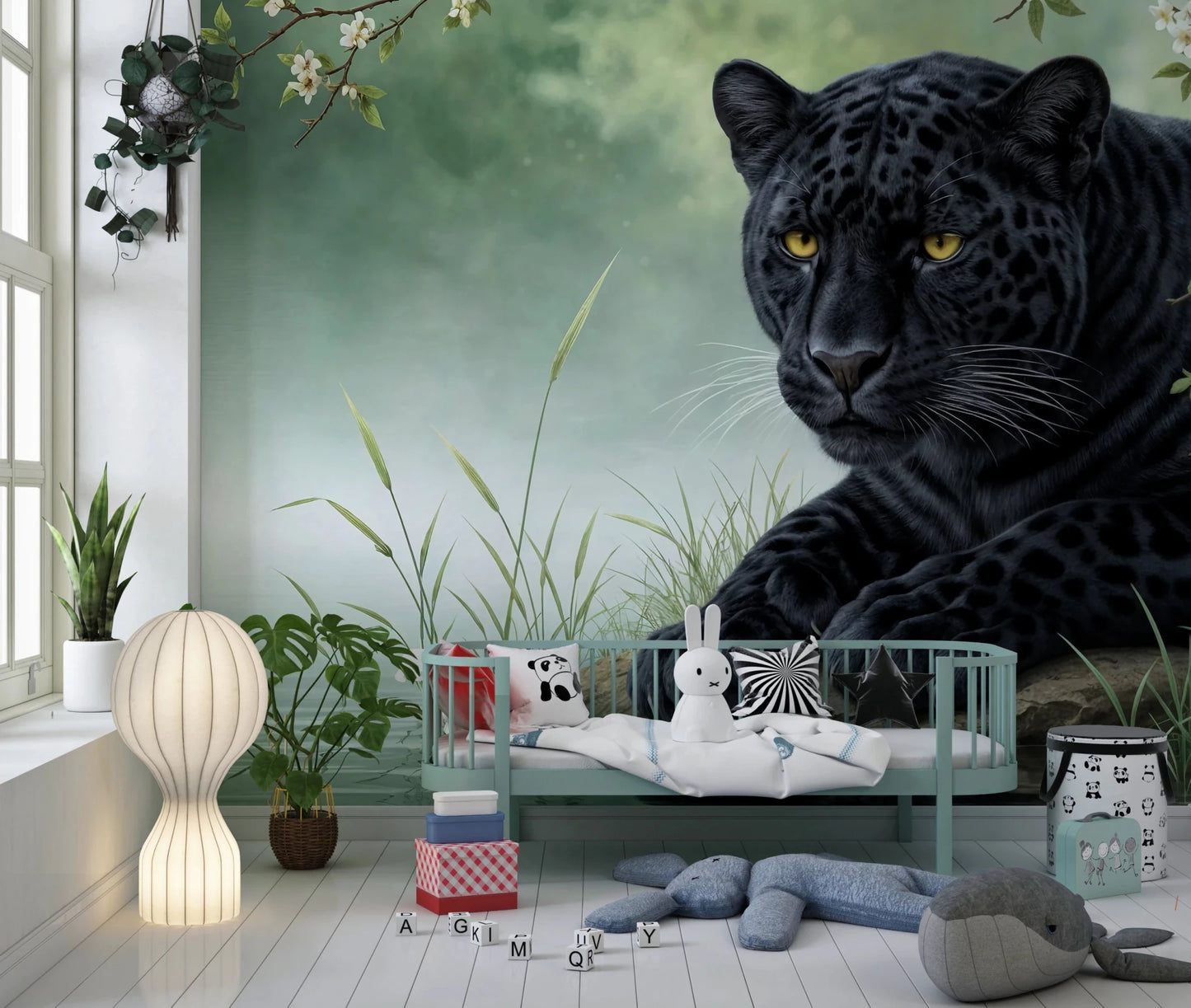 Elegant large cat resting near a pond on Black Panther Calm Wall Mural