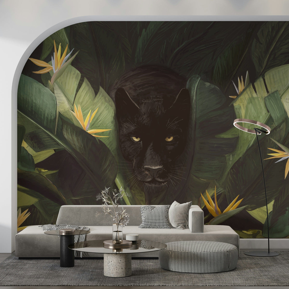 Jungle Noir Hidden Gaze wallpaper mural of a black panther in dark foliage behind a grey sofa with a ring floor lamp in a living room