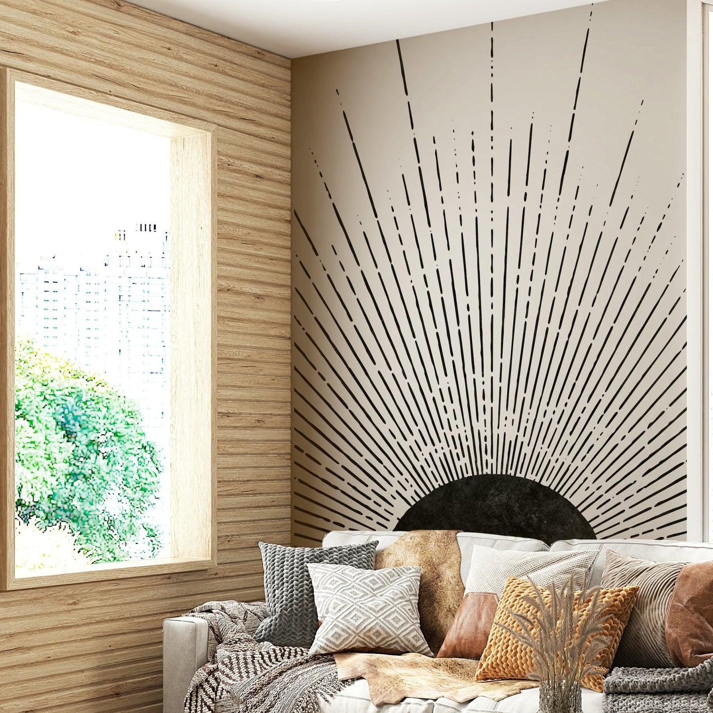Modern sun rays design mural on a deep black background.

