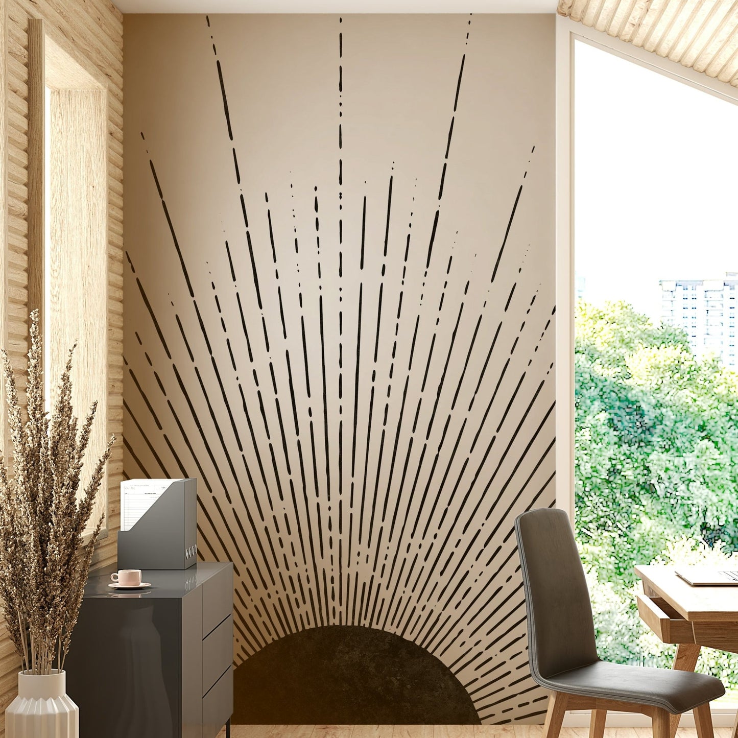 Black Sun Rays Wall Mural with dark rays radiating from the sun.

