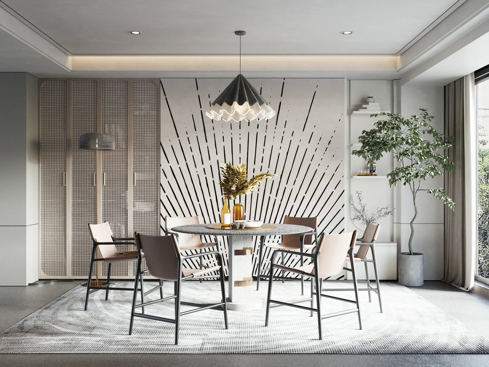 Bold black sun rays mural creating a dramatic focal point in the room.

