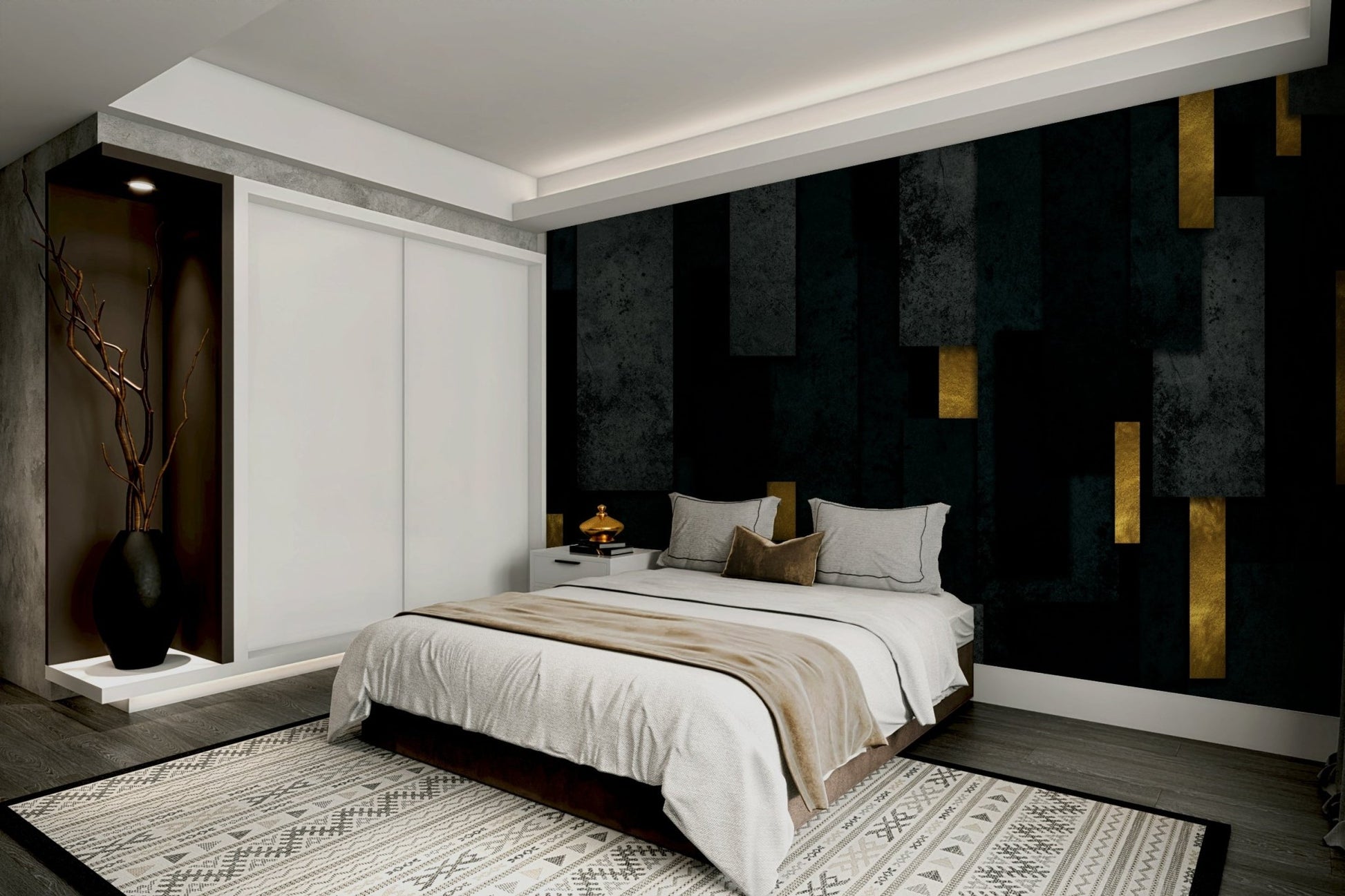 Dramatic charcoal spires on black background wall mural design

