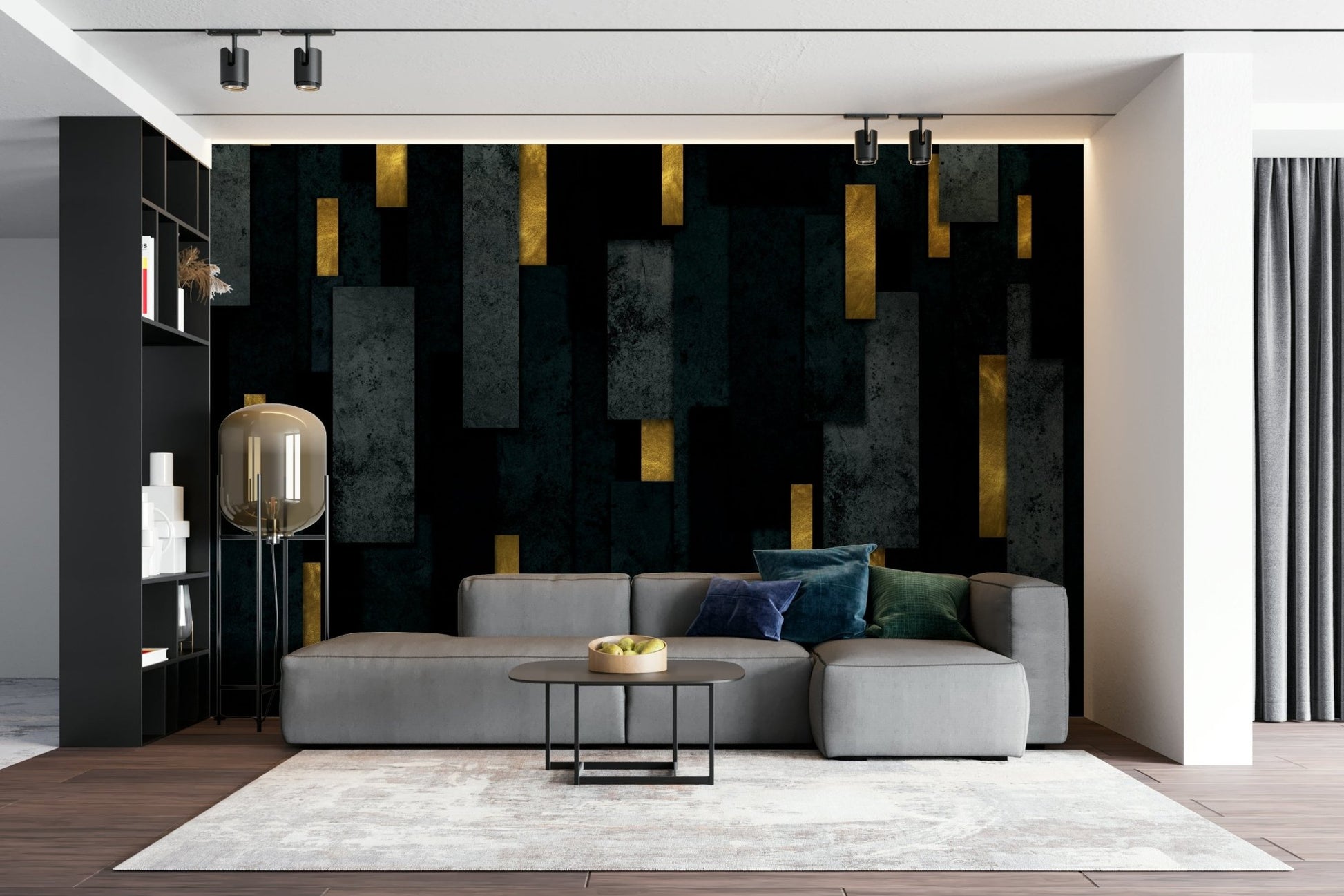 Bold black and charcoal mural creating an urban atmosphere

