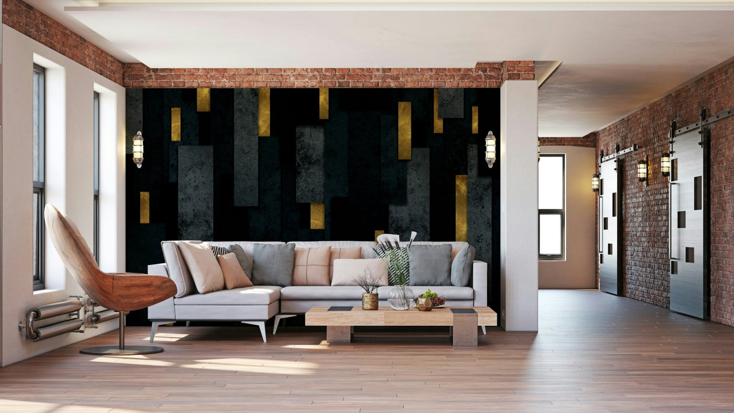Modern urban charcoal spires on black background mural


