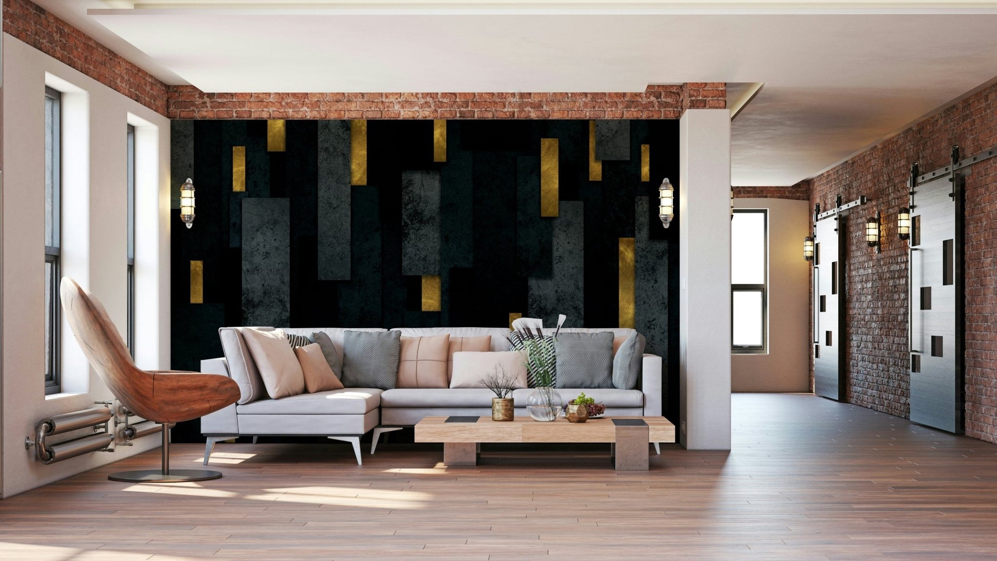 Modern urban charcoal spires on black background mural

