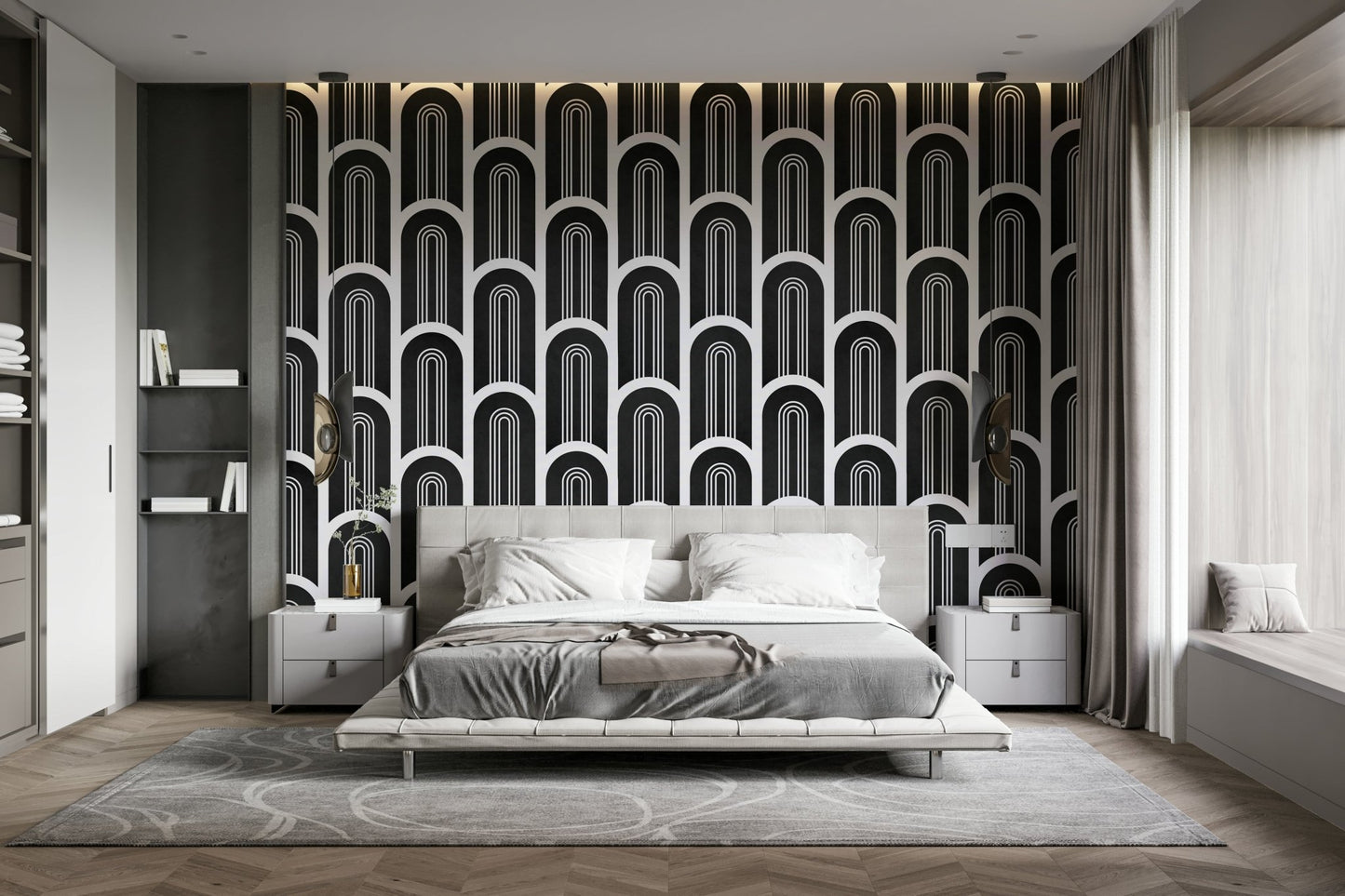 Full view of black & white arch wallpaper

