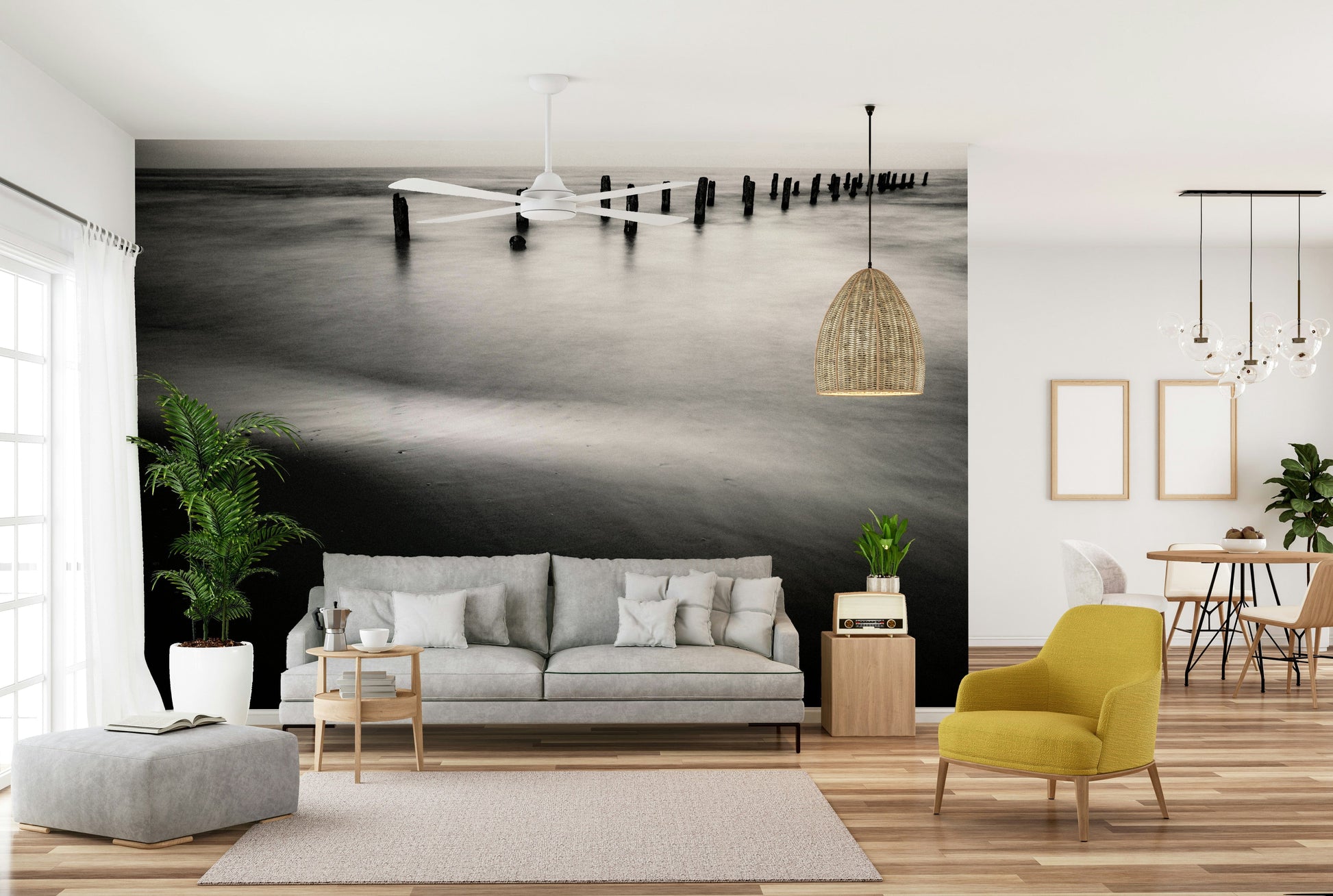 A calming beach scene wallpaper mural that defines a space.

