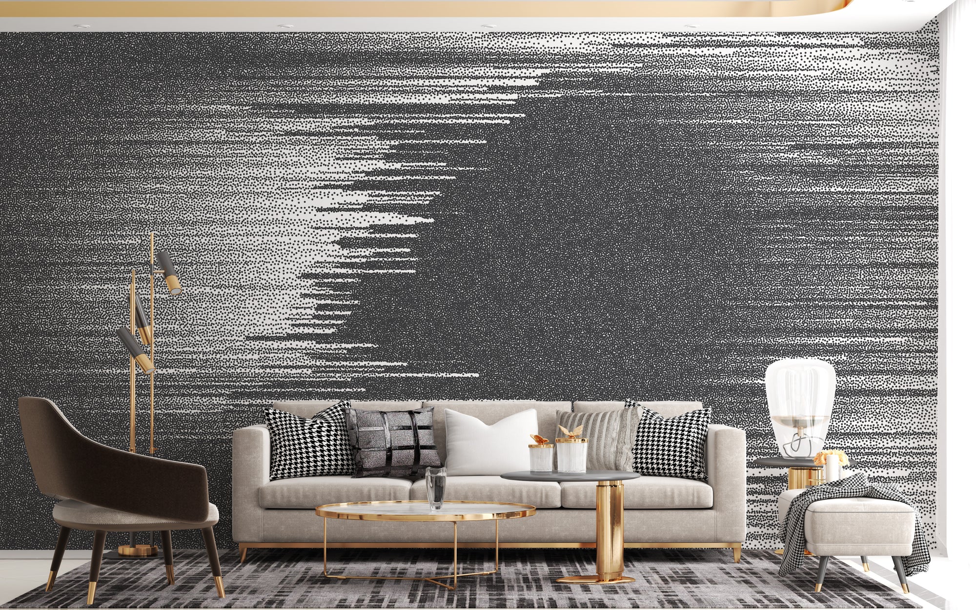 Black and White Glitch Abstract Wall Art wallpaper mural shown as a full feature wall that highlights the design
