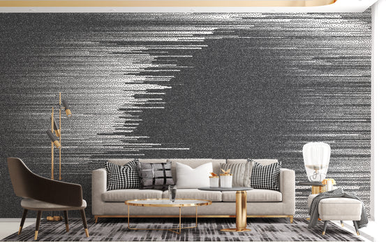 Black and White Glitch Abstract Wall Art wallpaper mural shown as a full feature wall that highlights the design