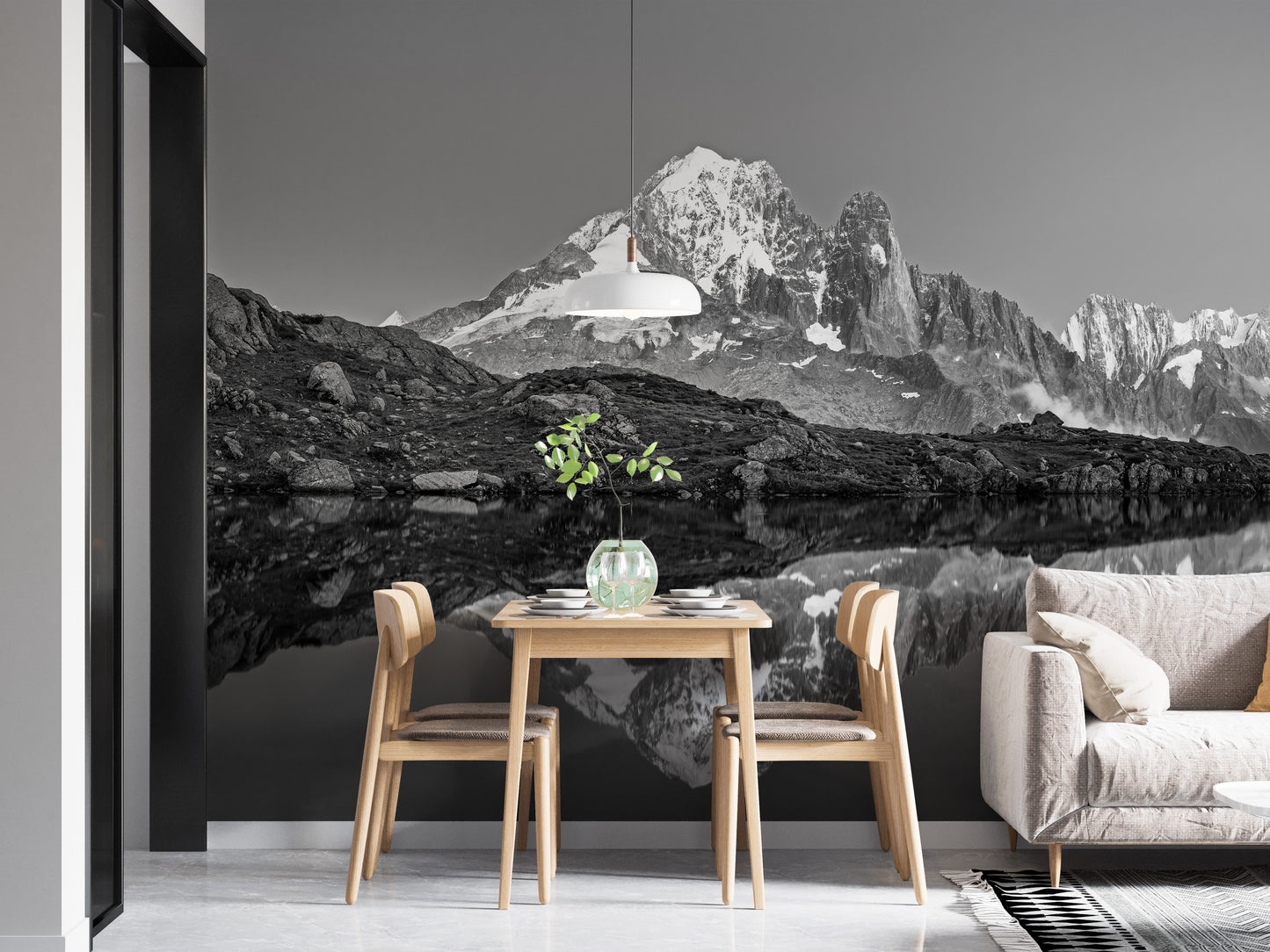 Black & White Landscape Mountain wallpaper mural as a feature wall in a home office workspace in black and white